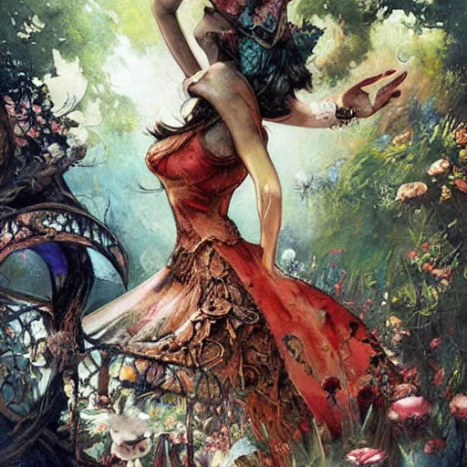 Image similar to alice in wonderland, intricate detail, painting, royo, frazetta, whealan,