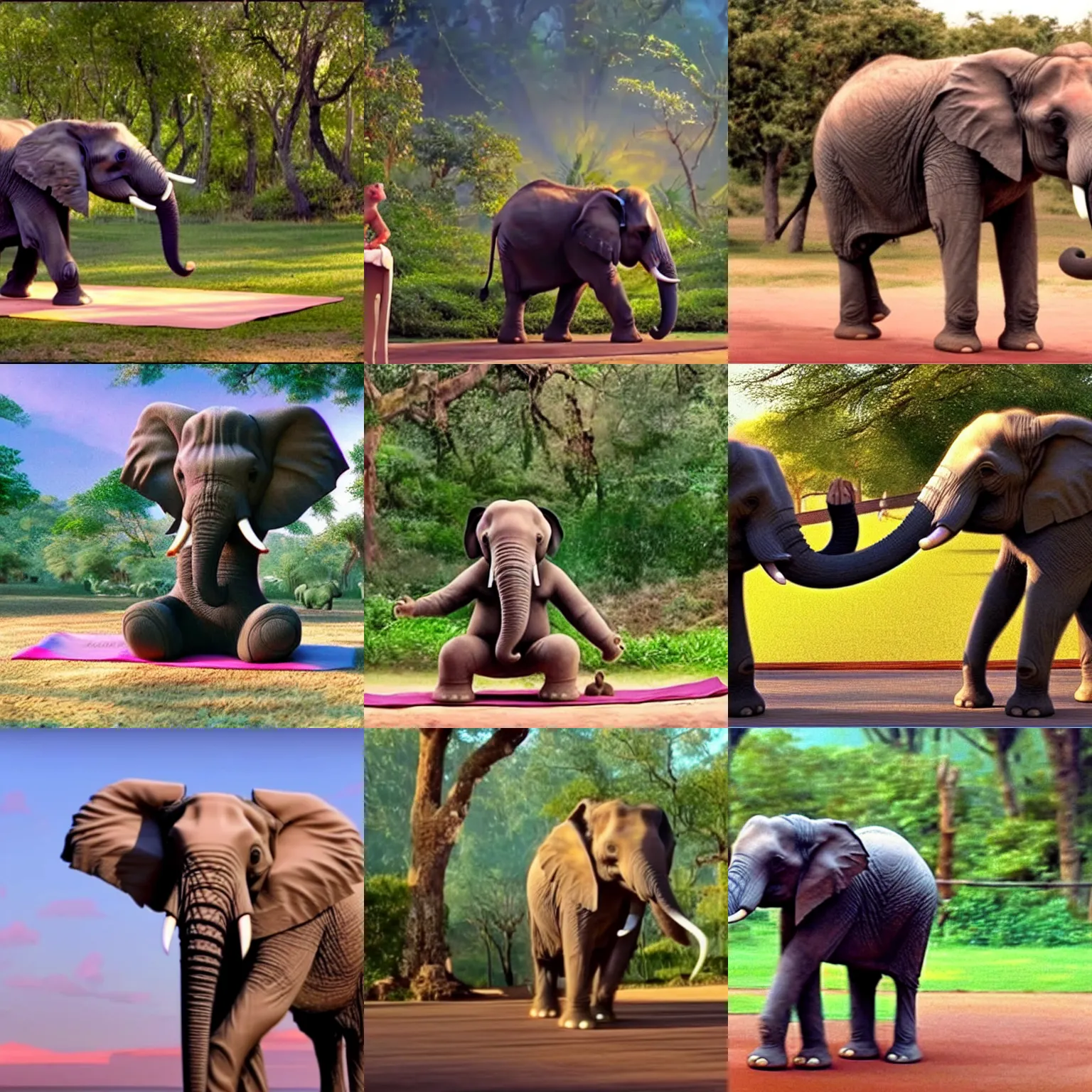 Prompt: an elephant doing yoga, screen capture from a disney movie