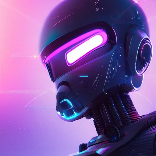 Image similar to cyberpunk concept cool cyborg bot, cinema 4 d, galaxy, cosmos, ufo, space sci - fi, wearing vr goggles, illustration, portrait, pastel neon textured background night, trending on artstation, greg rutkowski, octane rendered, 1 2 k, detailed,