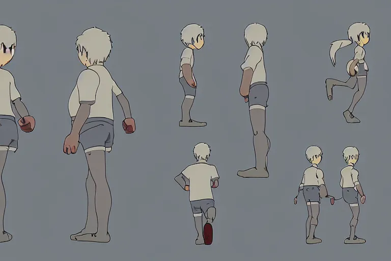 Image similar to a reference sheet containing of a hero running by ghibli studio, front back view and side view, proportions, sprite sheet, running cycle, ready to model,