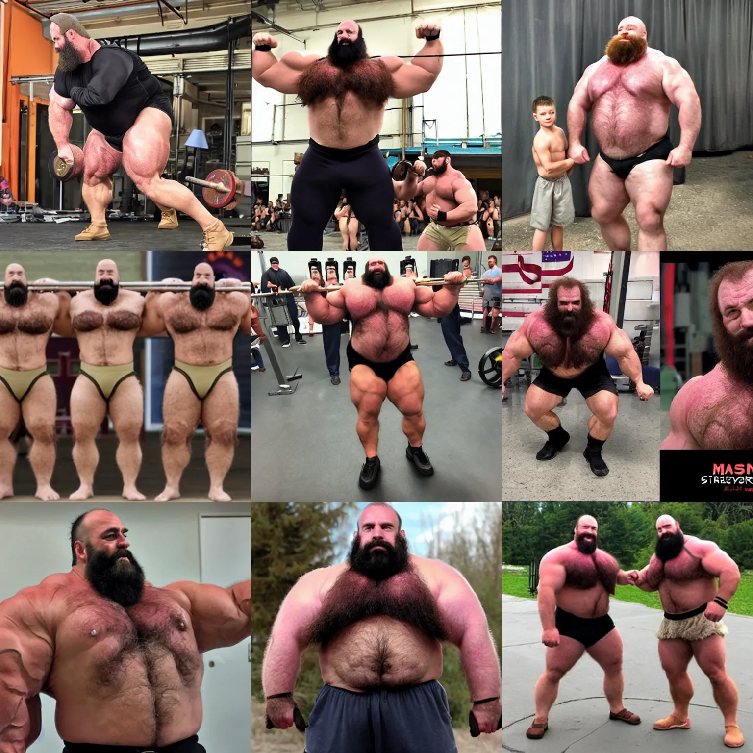 Prompt: mass produced hairy burly strongmen clones