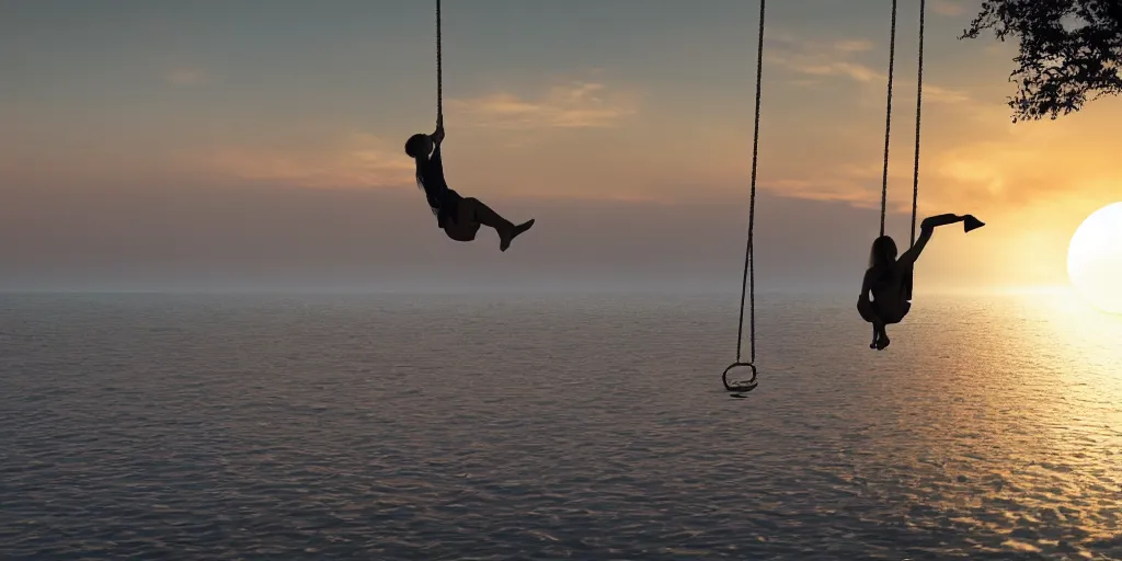 Prompt: a person swinging on a swing over the ocean the swing is connected to the moon, award winning photography, 4k, volumetrics, cinematic lighting