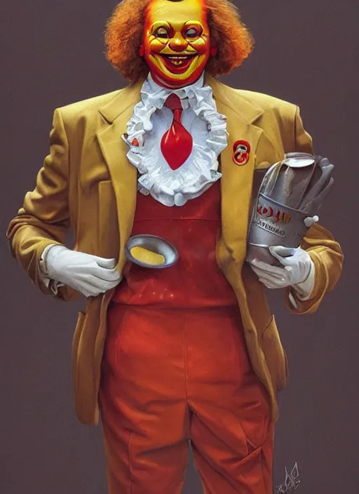 Image similar to portrait of Ronald McDonald in Society (1989), intricate, highly detailed, centered, digital painting, artstation, concept art, smooth, sharp focus, illustration, artgerm, donato giancola, Joseph Christian Leyendecker, WLOP, Artgerm