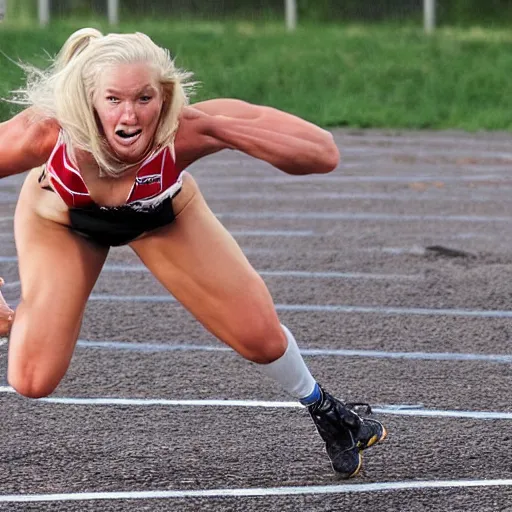 Prompt: A blonde woman super athlete breaks the sound barrier
