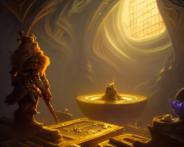 Prompt: a 4 k cinematic screenshot still portrait of a dwarf in a dark liminal space room surrounded by gold, deep focus, d & d, fantasy, intricate, elegant, highly detailed, digital painting, art station, concept art, matte, sharp focus, illustration, dark fantasy style art, hearthstone, art by artgerm and greg rutkowski and alphonse mucha