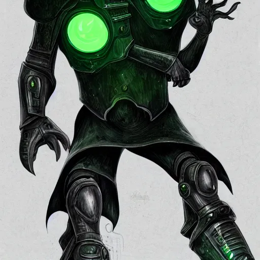 Image similar to sci - fi plague doctor power armor, inhumanly tall, inhumanly thin, black plate clawed hands, beaked helmet, green glow eyes, green glowing trim, plague, disease, illustration, award winning, digital art, trending on artstation, incredible, highly detailed, fantasy, sci - fi