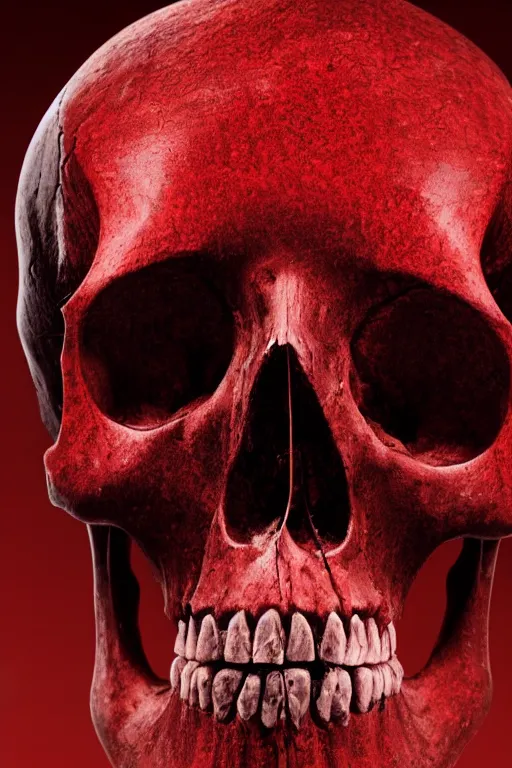 Prompt: a highly detailed photo of a skull dipped in red paint