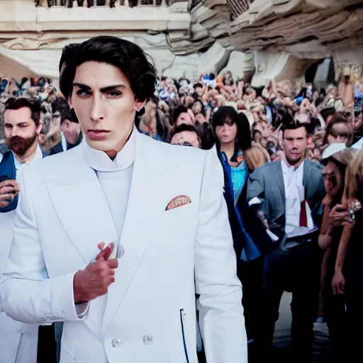 Image similar to portrait of a regal prince in futuristic white clothes, high collar, sharp cheekbones, wistful expression, surrounded by a crowd of angry people