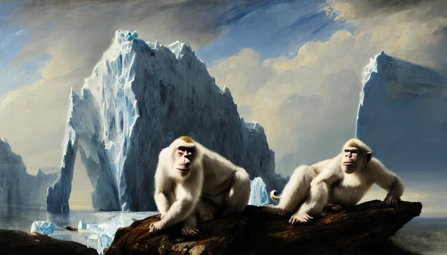 Image similar to highly detailed painting of white giant gorilla cats with large feathered wings on a blue and white iceberg by william turner, by greg rutkowski, by william constable, thick brush strokes and visible paint layers, 4 k resolution