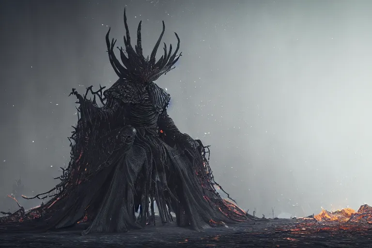 Image similar to lord of cinders in an underground throne, dark souls inspired, elden ring inspired, octane render, rtx, unreal engine 5, digital painting, trending on artstation, highly detailed, epic composition, 8 k uhd