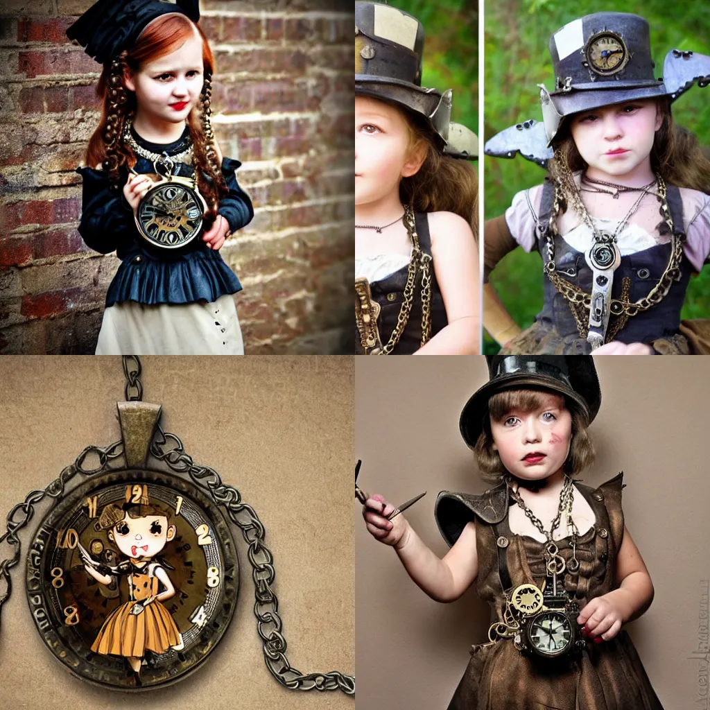 Prompt: steampunk little girl wears a clock necklace