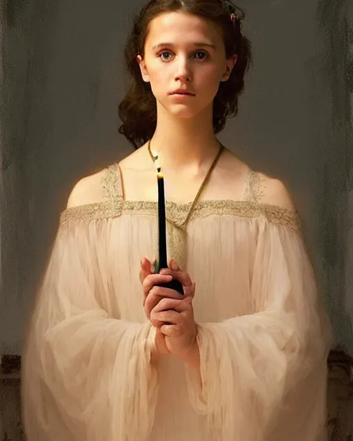 Image similar to a shadowy portrait painting of a shy, blushing 1 6 - year old alicia vikander or millie bobby brown as a princess lit only by candlelight in the darkness, intricate, elegant, highly detailed, artstation, concept art, by krenz cushart and donato giancola and william adolph bouguereau and alphonse mucha