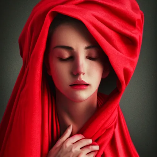 Prompt: a photorealistic portrait of a woman draped in a red cloth, 4 k dramatic lighting, digital art