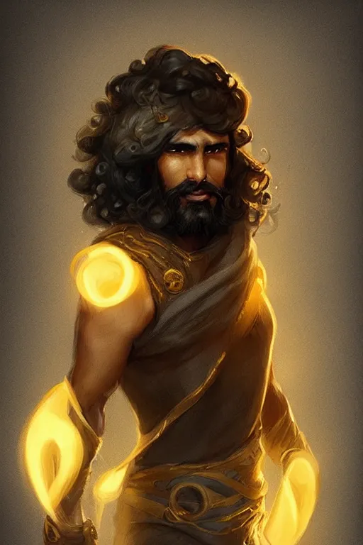 Image similar to Arab man light beard, curly hair, swordsman, modern, hero, leather , yellow and charcoal, character concept art, costume design, trending on artstation, Artgerm , WLOP