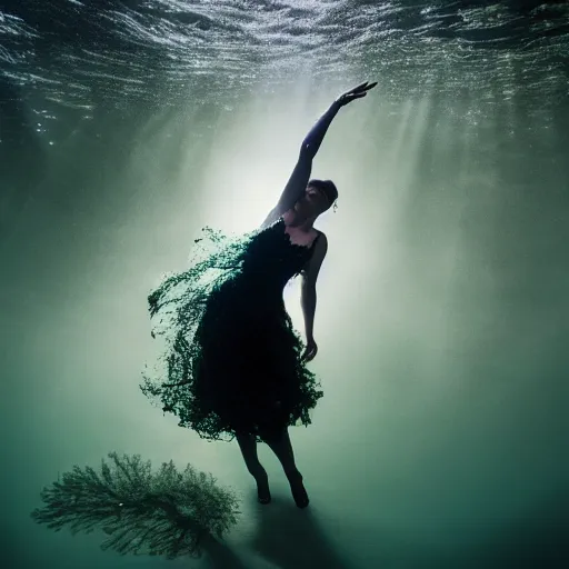 Image similar to woman dancing underwater wearing a dress made of seaweed that is flowing in the current, lighting with caustics from sunlight, cinematic, photorealistic