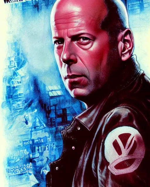 Image similar to bruce willis in 1 2 monkeys, airbrush, drew struzan illustration art, key art, movie poster