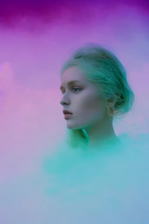 Image similar to high quality pastel coloured film close up wide angle photograph of a model wearing clothing resting on cloud furniture in a icelandic black rock!! environment in a partially haze filled dreamstate world. three point light, rainbow. photographic production. art directed. pastel colours. volumetric clouds. pastel gradient overlay. waves glitch artefacts. extreme facial clarity. 8 k. filmic.