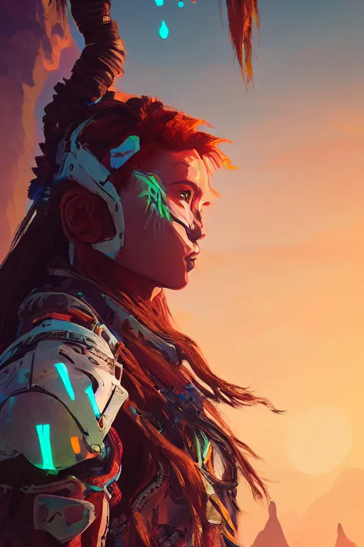 Image similar to combination suit armor aloy horizon forbidden west horizon zero dawn radiating a glowing aura global illumination ray tracing hdr fanart arstation by ian pesty and alena aenami artworks in 4 k tribal robot ninja mask helmet backpack