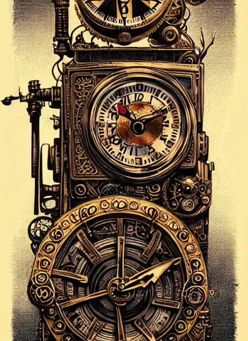 Image similar to ornate steampunk time machine, high details, intricately detailed, by vincent di fate, inking, lineart, 3 color screen print, masterpiece, trending on artstation,, sharp, details, hyper - detailed, hd, 4 k, 8 k