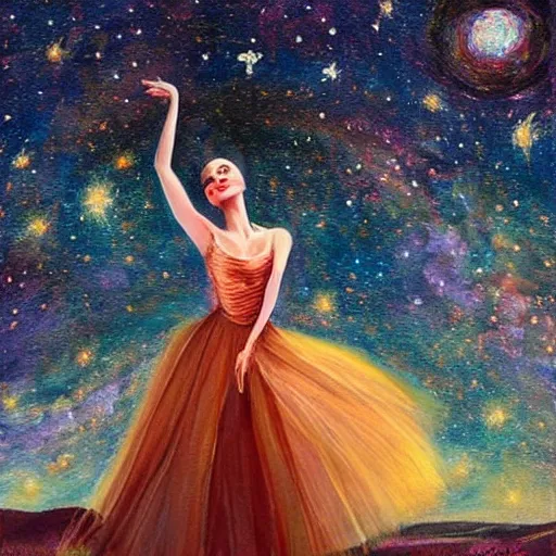 Image similar to Ballerina in a dress looking at a starry sky, galaxy, beautiful, painting, highly detailed, soft light