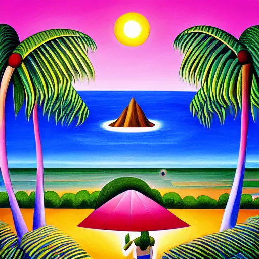 Image similar to a ultradetailed beautiful painting of amazonas beach by tarsila do amaral, major arcana sparkles sky, dougherty patrick, trending on artstation, mediterranean, palm trees, light refracted lines and sparkles, major arcana sky, sharp focus, soft light