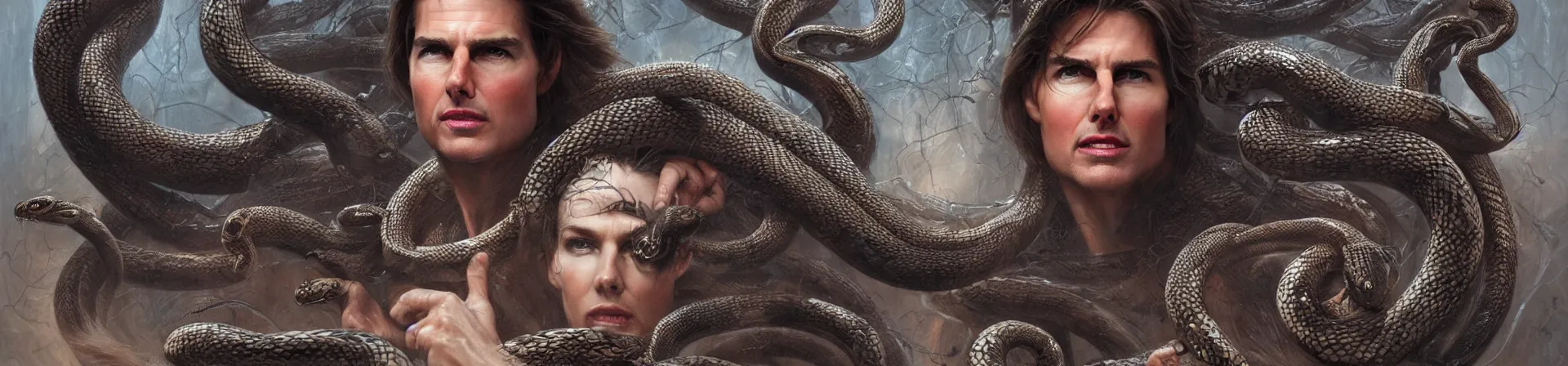 Image similar to beauty woman Tom Cruise with snakes for hair, Medusa, detailed face, surrounded by spiders, very detailed, dramatic lighting, electrical details, high details, 4k, 8k, trending on artstation, by Greg Rutkowski, Wayne Barlowe, Hajime Sorayama and Boris Vallejo