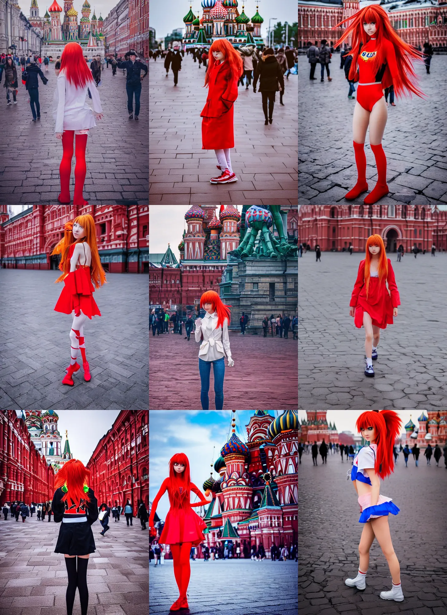 Prompt: very beautiful and cute Asuka Langley from neon genesis evangelion as a real slavic person walking on red square in Moscow, face by Ross Tran, 35mm, iPhone photo, HDR, DSLR, cinematic, trending on Instagram, 8k, 4k