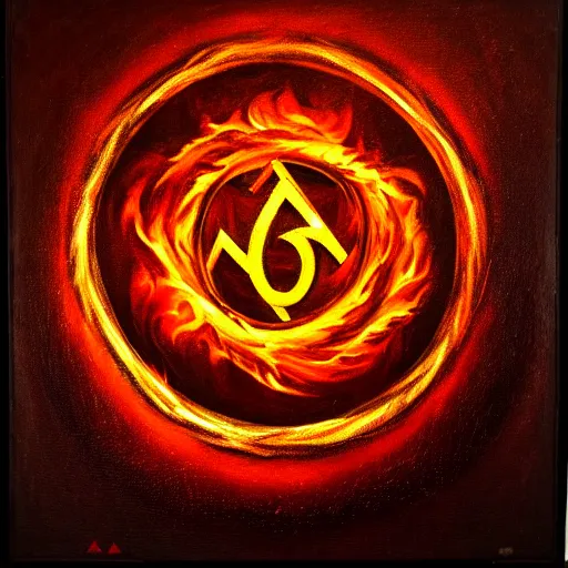 Image similar to dramatic chiaroscuro painting of an esoteric symbol, glowing with strange power. it is surrounded by a ring of flames, but remains untouched.