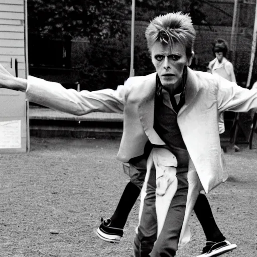 Image similar to david bowie goes skipping in a school playground