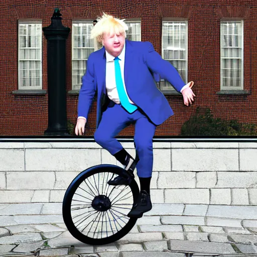 Image similar to Boris Johnson riding a unicycle in a silly costume, digital art