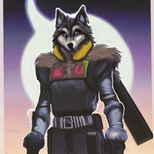 Image similar to 1 9 8 0 s video game art of anthropomorphic wolf o'donnell from starfox fursona furry wolf in a dark space mercenary uniform, looking heroic, magazine scan, 8 0 s game box art, dark grey wolf o'donnell