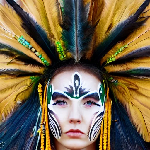 Prompt: minimalist photography portrait of an elaborately adorned female shaman warrior, face paint, symmetrical, super close up, mid thirties, cute round green slanted eyes, porcelain skin, wide nostrils, chubby cheeks, high flat eyebrows, ethereal essence, angelic, leica 1 0 0 mm f 0. 8