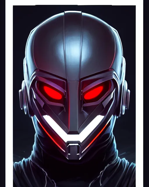 Image similar to professional concept art portrait of a masked cyber punk man in a dark room by artgerm and greg rutkowski ( thin white border ). an intricate, elegant, highly detailed digital painting, concept art, smooth, sharp focus, illustration, in the style of cam sykes, wayne barlowe, igor kieryluk.