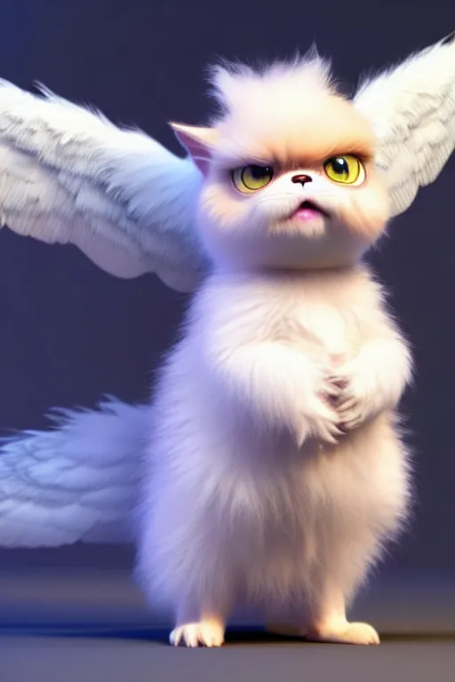 Image similar to high quality 3 d render hyperrealist very cute multipastel fluffy! grumpy griffin cat hybrid with fluffy wings!, vray smooth, in the style of detective pikachu, hannah yata charlie immer, dramatic yellow light, low angle, uhd 8 k, sharp focus