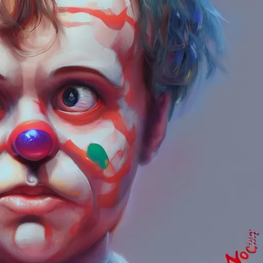 Prompt: Young Haley Joel Osment from the movie AI as cute clown, by Stanley Artgerm Lau, WLOP, Rossdraws, James Jean, Andrei Riabovitchev, Marc Simonetti, Yoshitaka Amano, ArtStation, CGSociety,