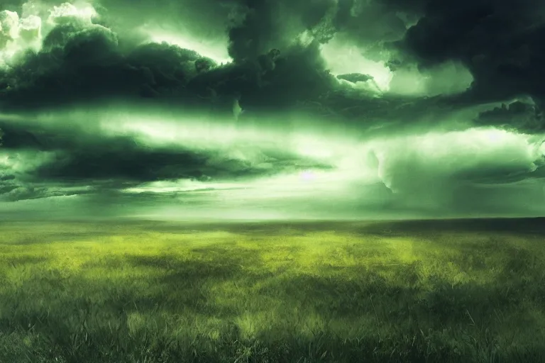 Prompt: Photo of the green sky just before a tornado, award winning, trending on artstation