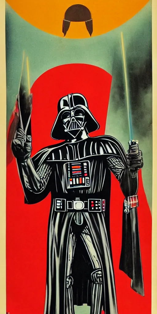 Image similar to darth vader in a 1 9 7 0 s iranian propaganda poster talking about the spanish inquisition.