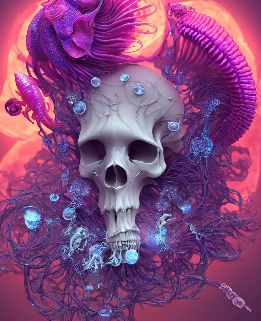 Image similar to goddess close-up portrait ram skull, thorax, x-ray, backbone, jellyfish phoenix head, nautilus, orchid, skull, betta fish, bioluminiscent creatures, intricate artwork by Tooth Wu and wlop and beeple. octane render, trending on artstation, greg rutkowski very coherent symmetrical artwork. cinematic, hyper realism, high detail, octane render, 8k