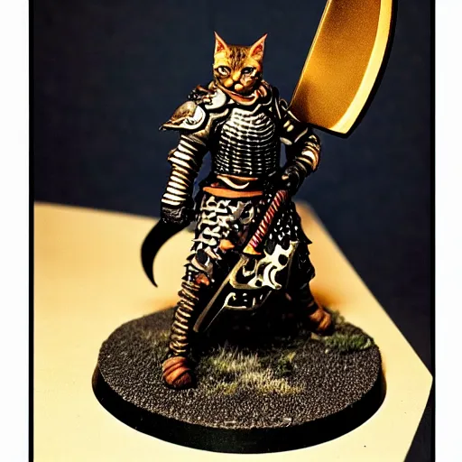 Image similar to quarter length vogue 7 0 mm fashion photo portrait of a dark tabby tabaxi paladin, halberd, plate armor, d & d