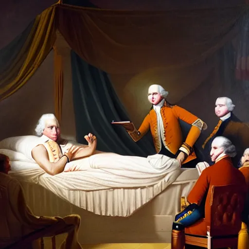 Image similar to oil painting Life of George Washington Deathbed but everyone is looking at glowing iPhones