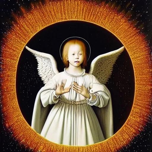 Image similar to highdetailed hyperrealistic painting of white angel!!! no gender!!!, giant ball of miracle light from the chest!!!!!, white sparkles everywhere, lot of fire and stars overhead!!!, by jan van eyck, holography space, glow effect, large strokes, soft and clean, bright white color