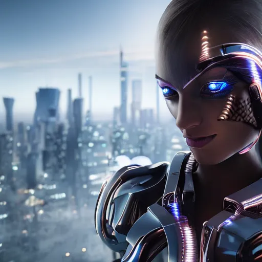 Prompt: close up ultra realistic photo of a cyborg female, futuristic city in the background, 4 k, 8 k, octane render, unreal engine, meta human, hi - tech, modern, open eyes