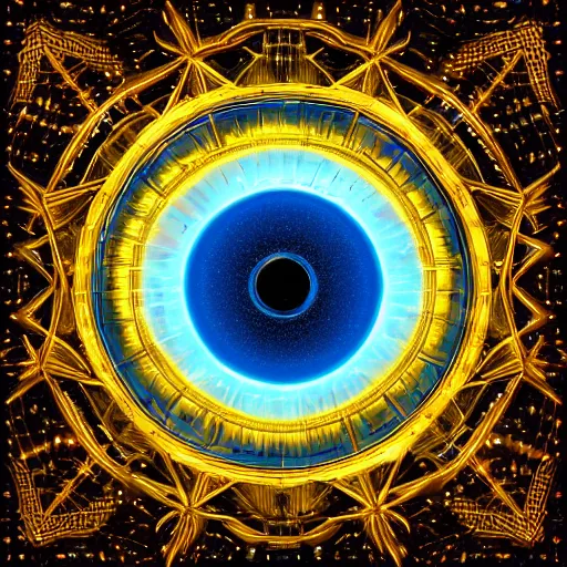 Prompt: a giant blue star inside a golden artificial megastructure, highly detailed artwork, digital art