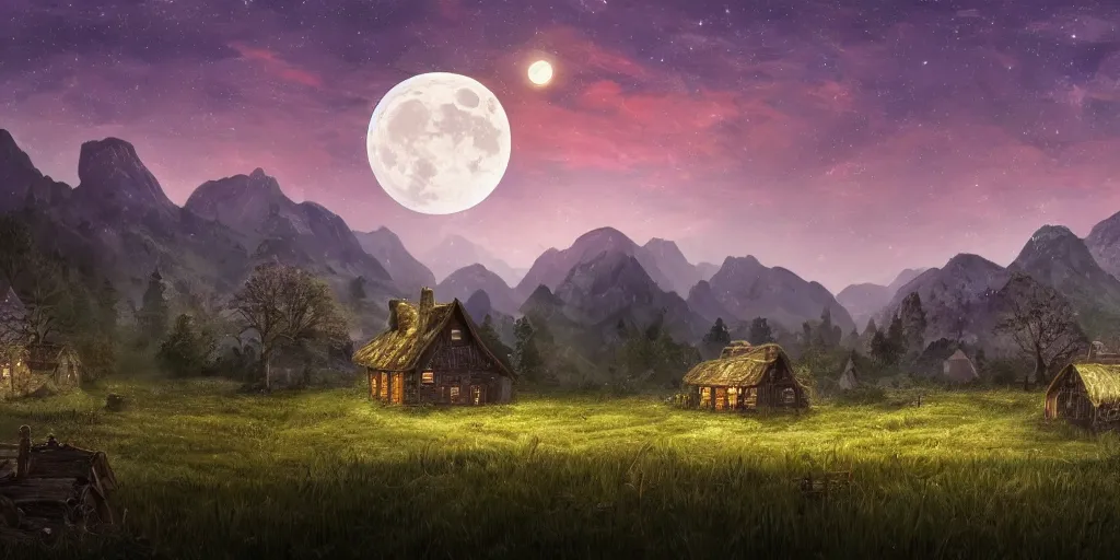 Prompt: Skeleton infested fields with large mountains in the distance, small cottage in the foreground, nighttime, moon in the night sky, landscape wallpaper, d&d art, fantasy, painted, 4k, high detail, sharp focus