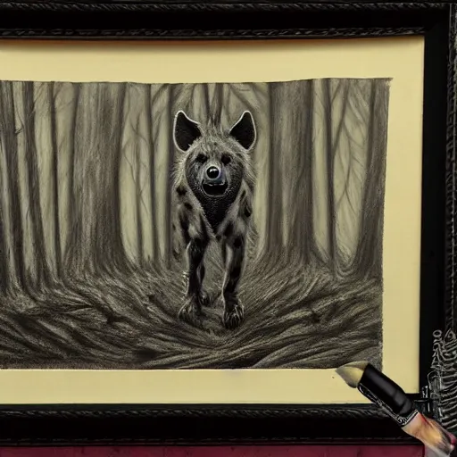 Prompt: highly detailed charcoal painting of a devilish hyena in the woods