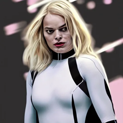 Image similar to Margot Robbie as Spider Gwen, photo realistic, movie scene, dynamic lighting