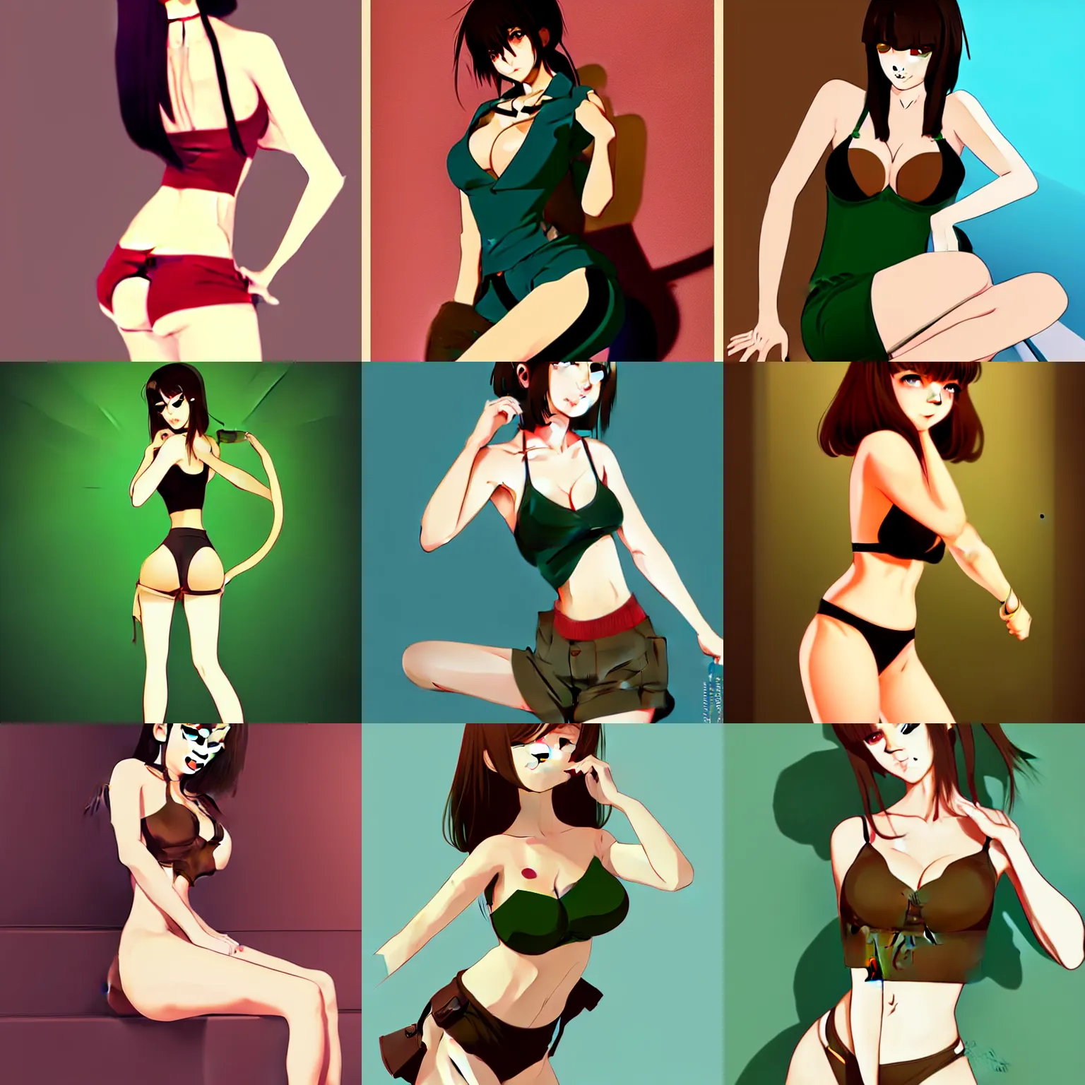 Prompt: hot girl with green eyes and brown hair, wearing a camisole and shorts, posing sexily, in the style of ilya kuvshinov, anime artstyle, seductive, lewd