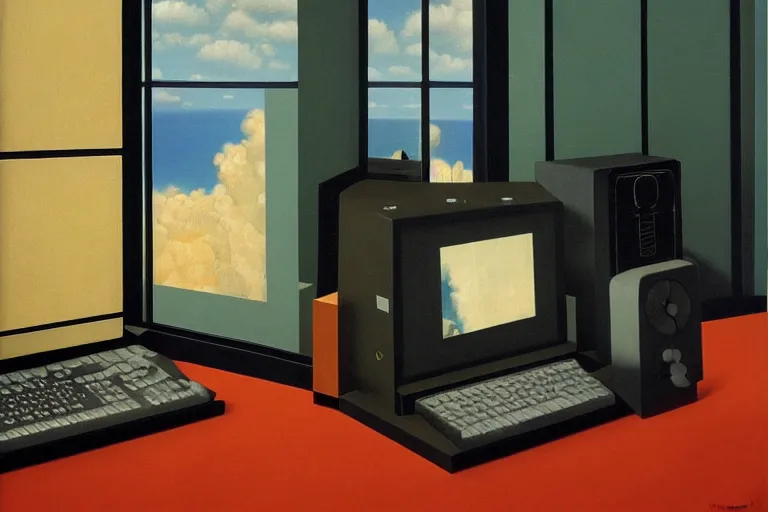 Image similar to gamer computer painting by rene magritte, high detail, high resolution