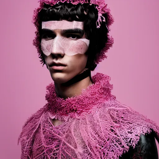 Image similar to a portrait of a beautiful young male wearing an alexander mcqueen armor made of pink lace , photographed by andrew thomas huang, artistic