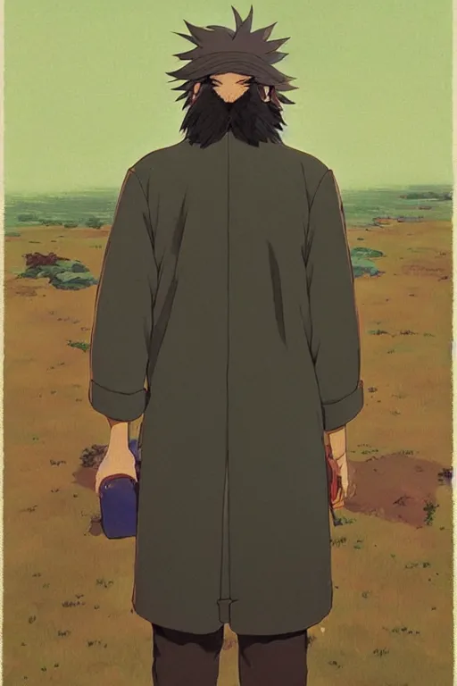 Prompt: a colorful portrait of a long bearded student rear view, morning, by studio ghibli painting, superior quality, masterpiece, traditional Japanese colors, by Grzegorz Rutkowski, concept art